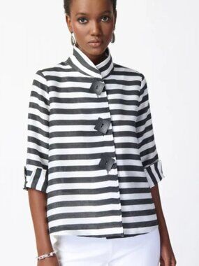 NWT! Joseph Ribkoff Square Button Striped Trapeze Black Off White Jacket Size 8